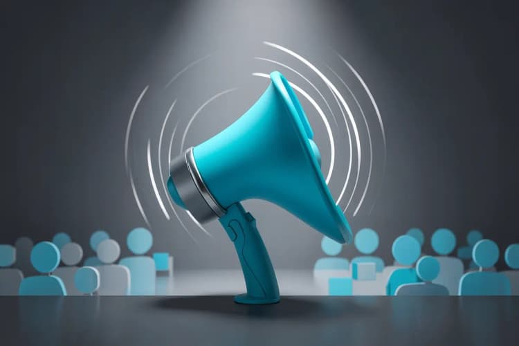 Um megafone emitindo ondas sonoras estilizadas em direção a um público abstrato.
