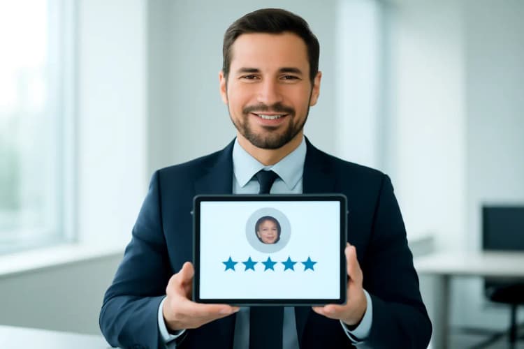 homem mostrando depoimento de cliente em um tablet, com a keyword provas sociais marketing digital