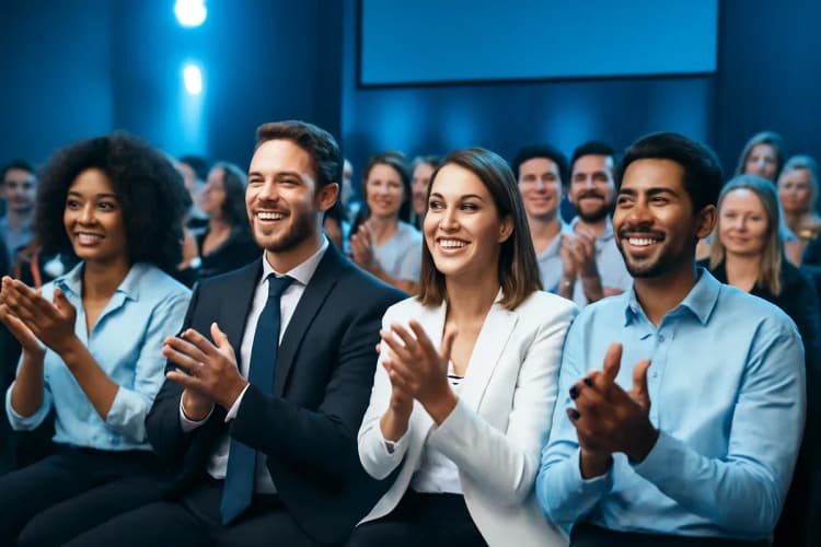 grupo de pessoas diversas aplaudindo em uma conferência, com a keyword provas sociais marketing digital