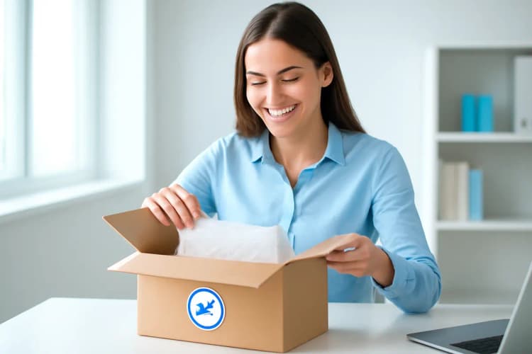 mulher feliz recebendo pacote de e-commerce com selo de aprovação, com a keyword provas sociais marketing digital