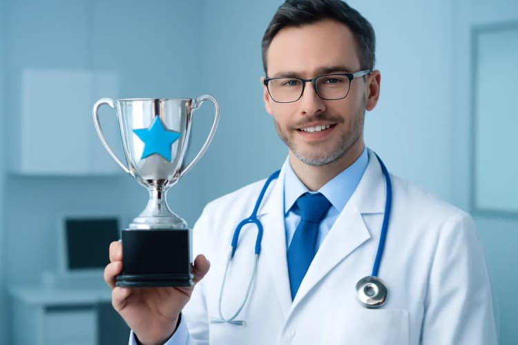 médico confiante mostrando um troféu de melhor avaliação, com a keyword provas sociais marketing digital