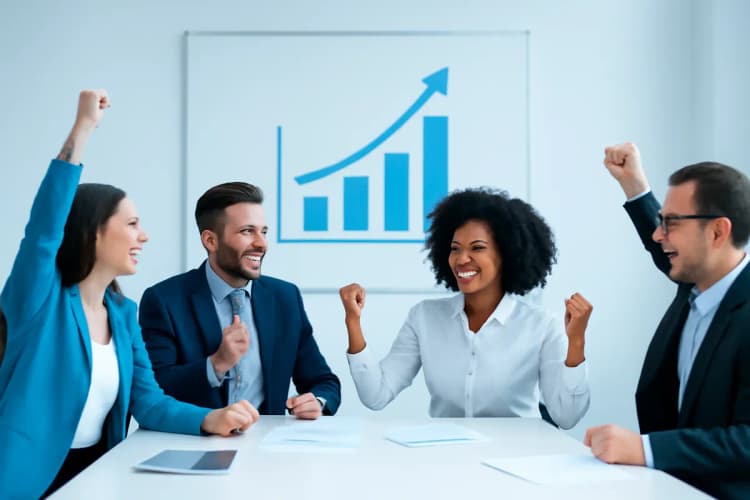 equipe celebrando sucesso com gráficos de crescimento, com a keyword provas sociais marketing digital