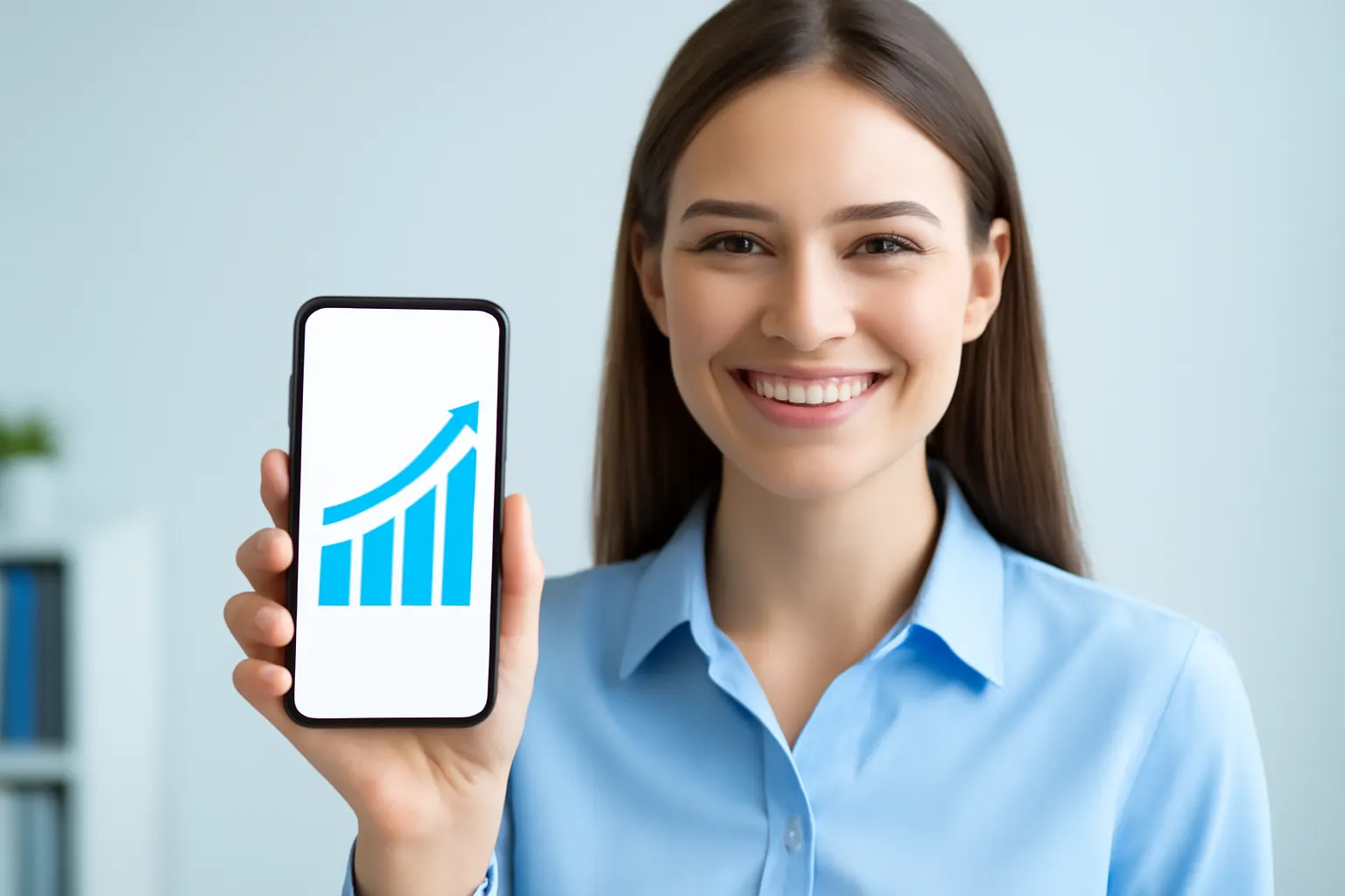mulher sorrindo com um celular na mão, mostrando um gráfico de crescimento, com a keyword provas sociais marketing digital