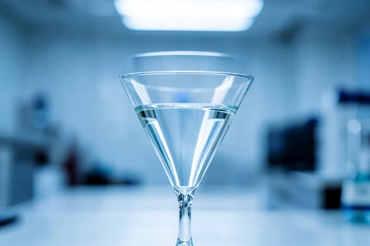 Um funil de vidro com líquido escorrendo lentamente, em um laboratório.