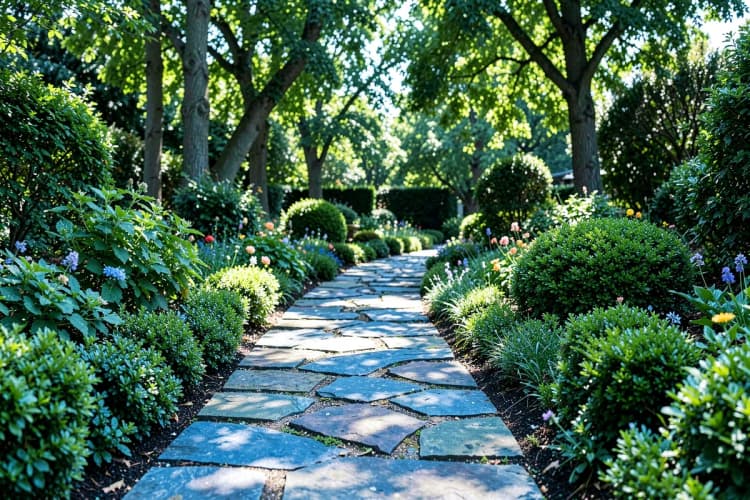 Um caminho de pedras irregular em um jardim, com uma pessoa passando por cima.