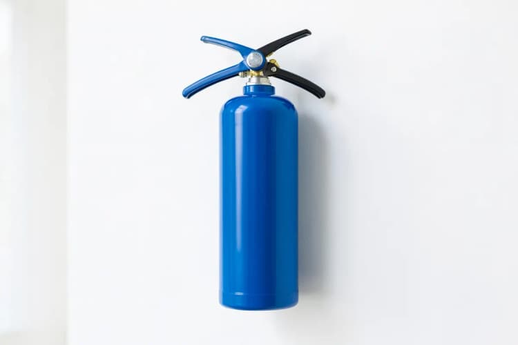 Um extintor de incêndio em um suporte de parede, pronto para uso.