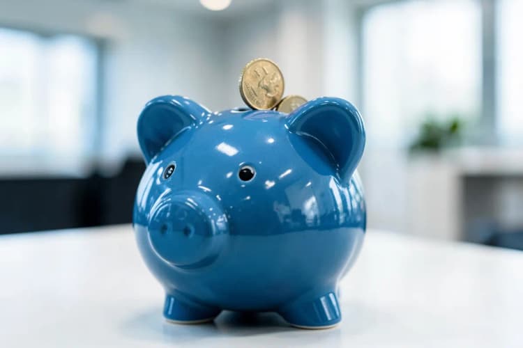 Um cofrinho em forma de porco com moedas entrando, representando economia e investimento.