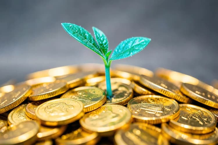 Uma planta crescendo a partir de um monte de moedas, simbolizando otimização de investimento.