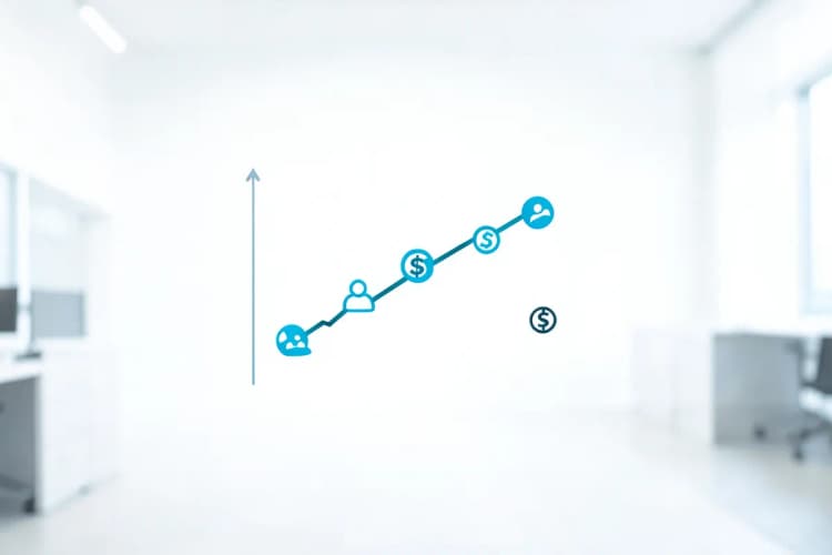 Gráfico de linha ascendente com ícones de pessoas e cifrões, indicando diferentes modelos de precificação.