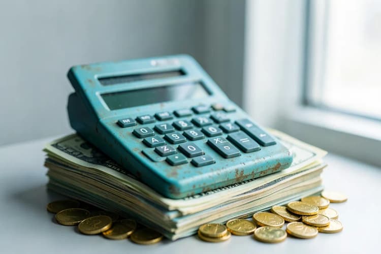 Calculadora antiga sobre um monte de notas de dinheiro e moedas.