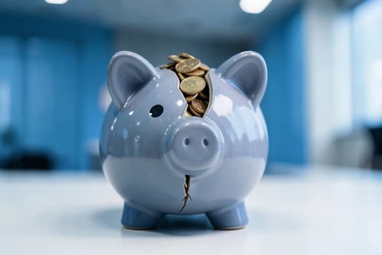 Um cofrinho em forma de porco com moedas saindo dele.