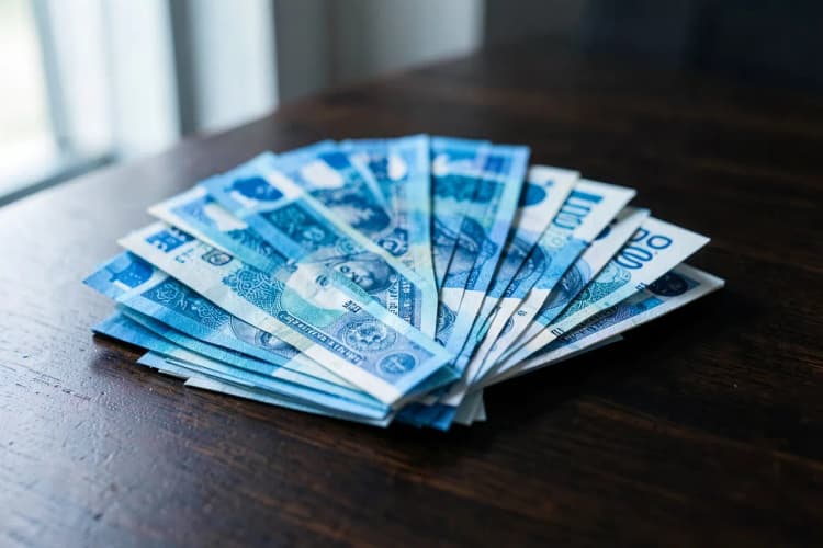Notas de dinheiro dobradas em leque, sobre uma mesa de madeira escura.