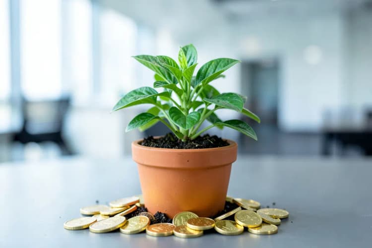 Uma planta crescendo em um vaso, com moedas de ouro ao redor da base, em um fundo claro.
