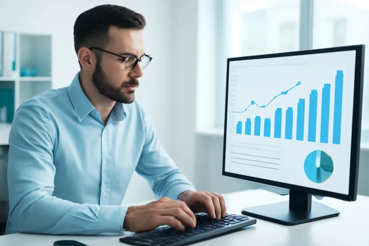 Profissional de marketing analisando dados em um computador, com gráficos de tráfego pago visíveis na tela