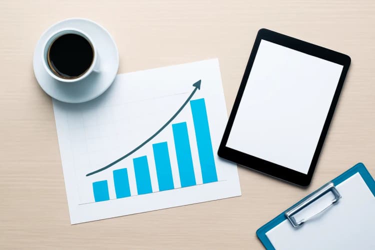 Gráfico de custos de publicidade online com setas indicando crescimento e investimento