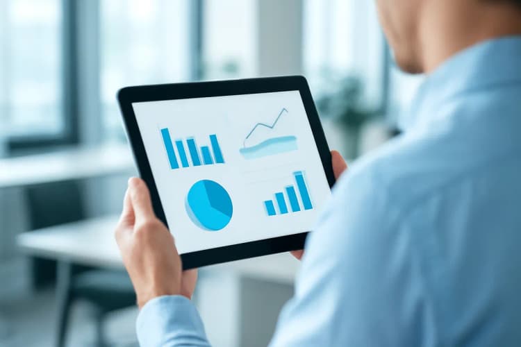 Profissional avaliando relatórios de desempenho de campanhas de marketing digital em um tablet