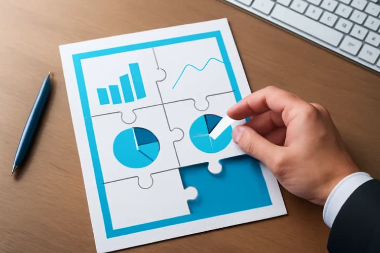 Mão montando um relatório de tráfego pago com peças de quebra-cabeça.
