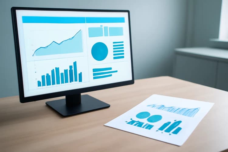 Dashboard digital e relatório impresso lado a lado.