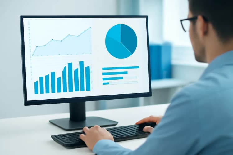 Pessoa usando um software para gerar relatórios de tráfego pago.