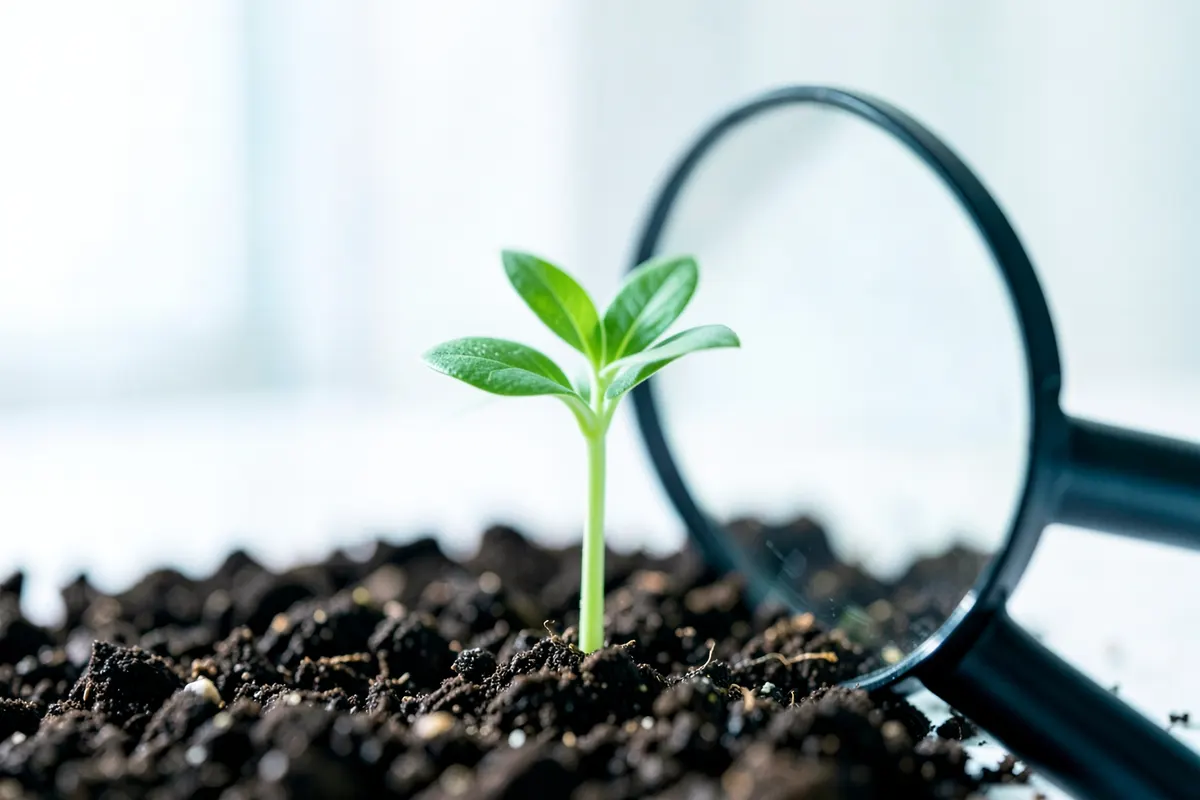 Uma lupa examinando uma pequena planta verde brotando da terra. A iluminação é natural e suave, vindo de um lado, criando sombras delicadas. A imagem é um close-up, destacando os detalhes da planta e da terra.