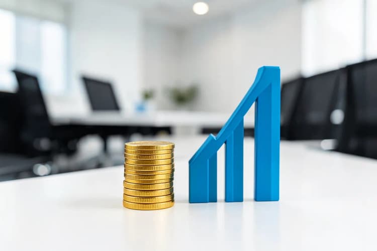 Gráfico de barras ascendente com moedas de ouro empilhadas ao lado, simbolizando crescimento financeiro.