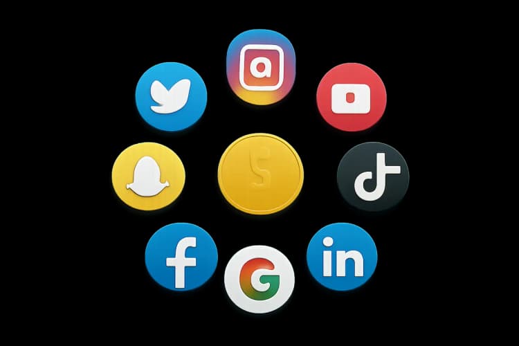 Vários ícones de redes sociais e plataformas de anúncios dispostos em círculo, com uma moeda de ouro no centro.