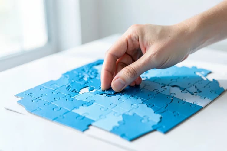 Uma mão colocando a última peça em um quebra-cabeça de um mapa mundi.