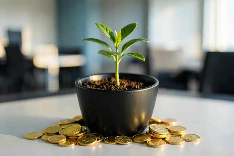 Uma planta crescendo em um vaso com moedas de ouro ao redor.