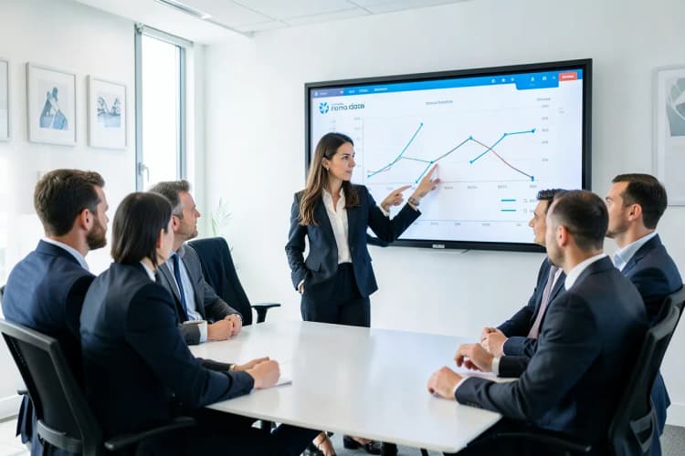 Mulher explicando um gráfico em uma reunião sobre marketing digital