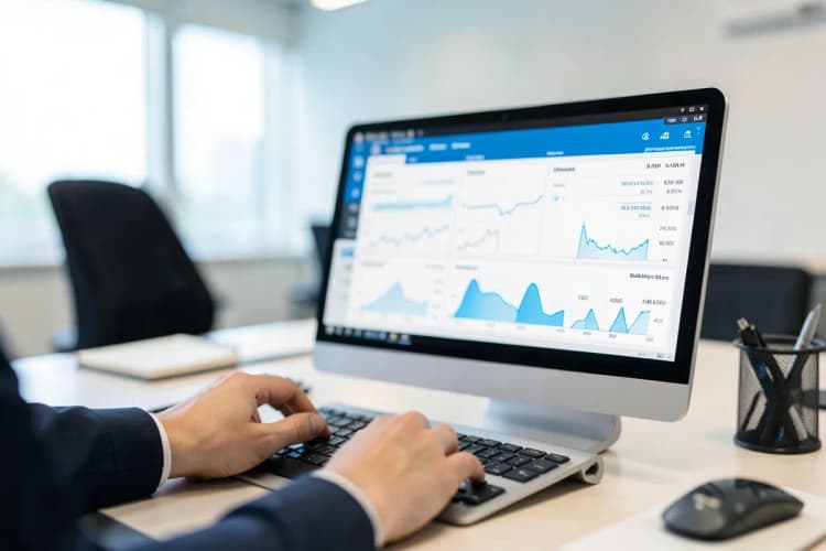 Profissional de marketing digital analisando dados em um computador