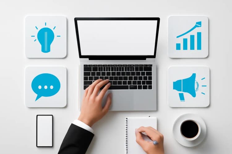 Resumo visual de dicas de marketing digital com ícones ilustrativos