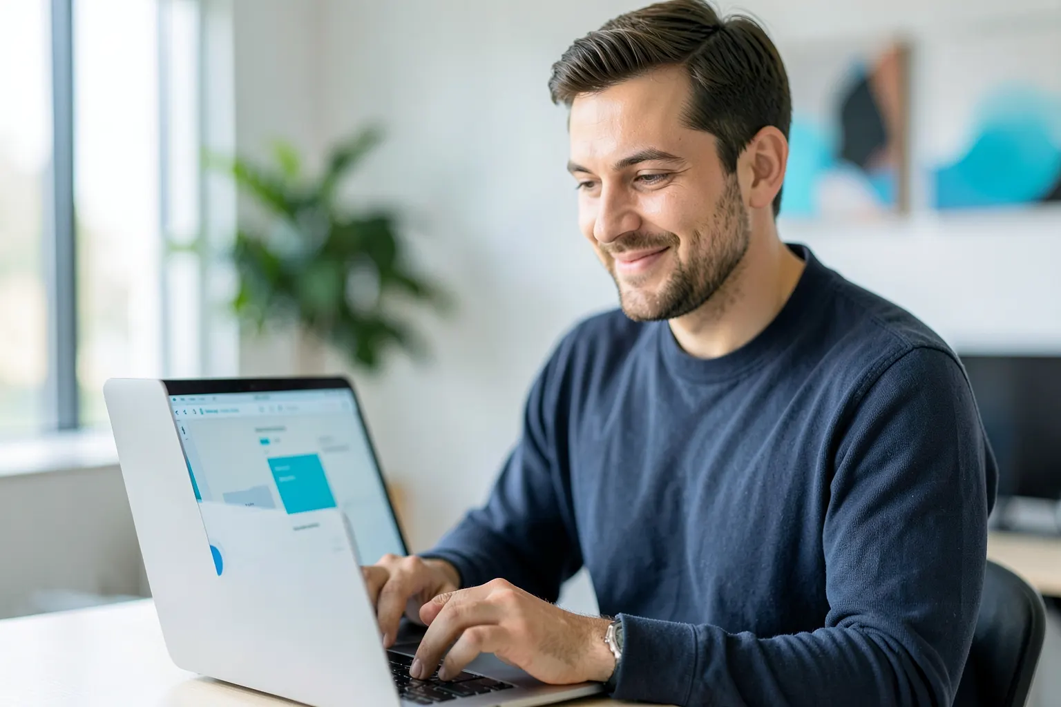 Homem trabalhando com marketing digital em um escritório moderno, com a keyword "como trabalha com marketing digital" em mente
