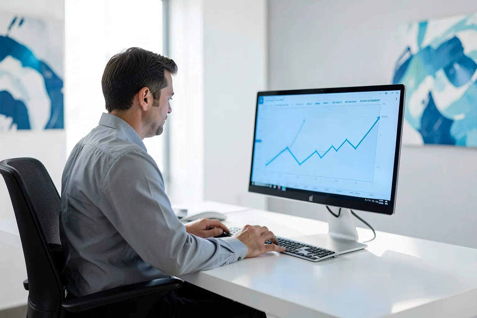 Um homem de negócios em um escritório moderno, olhando para um gráfico de crescimento em uma tela de computador.
