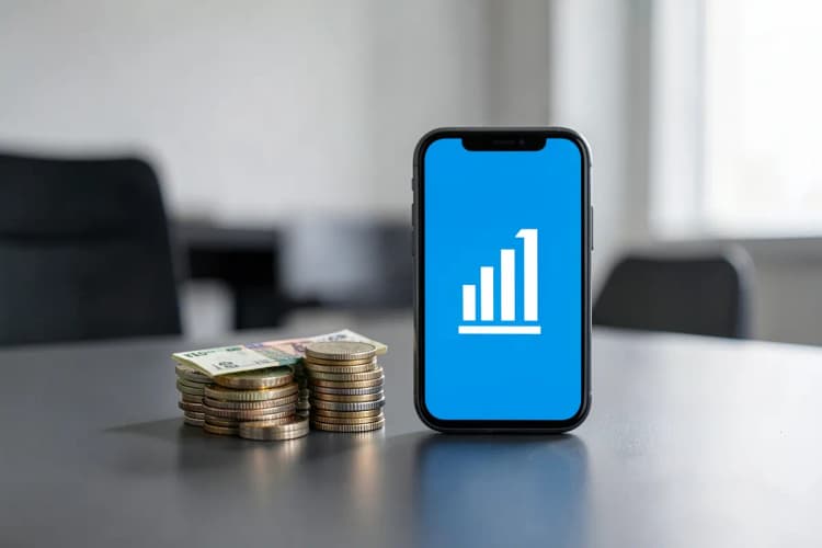 Gráfico de barras ascendente com moedas de dinheiro empilhadas ao lado de um celular exibindo um ícone de gráfico, em fundo azul claro.