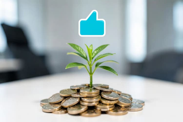 Uma planta crescendo de um monte de moedas de dinheiro, com um ícone de "like" flutuando acima, em fundo verde claro.