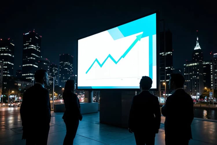 Um grupo de pessoas (silhuetas) olhando para um grande outdoor digital exibindo um gráfico de alcance, em ambiente urbano noturno.