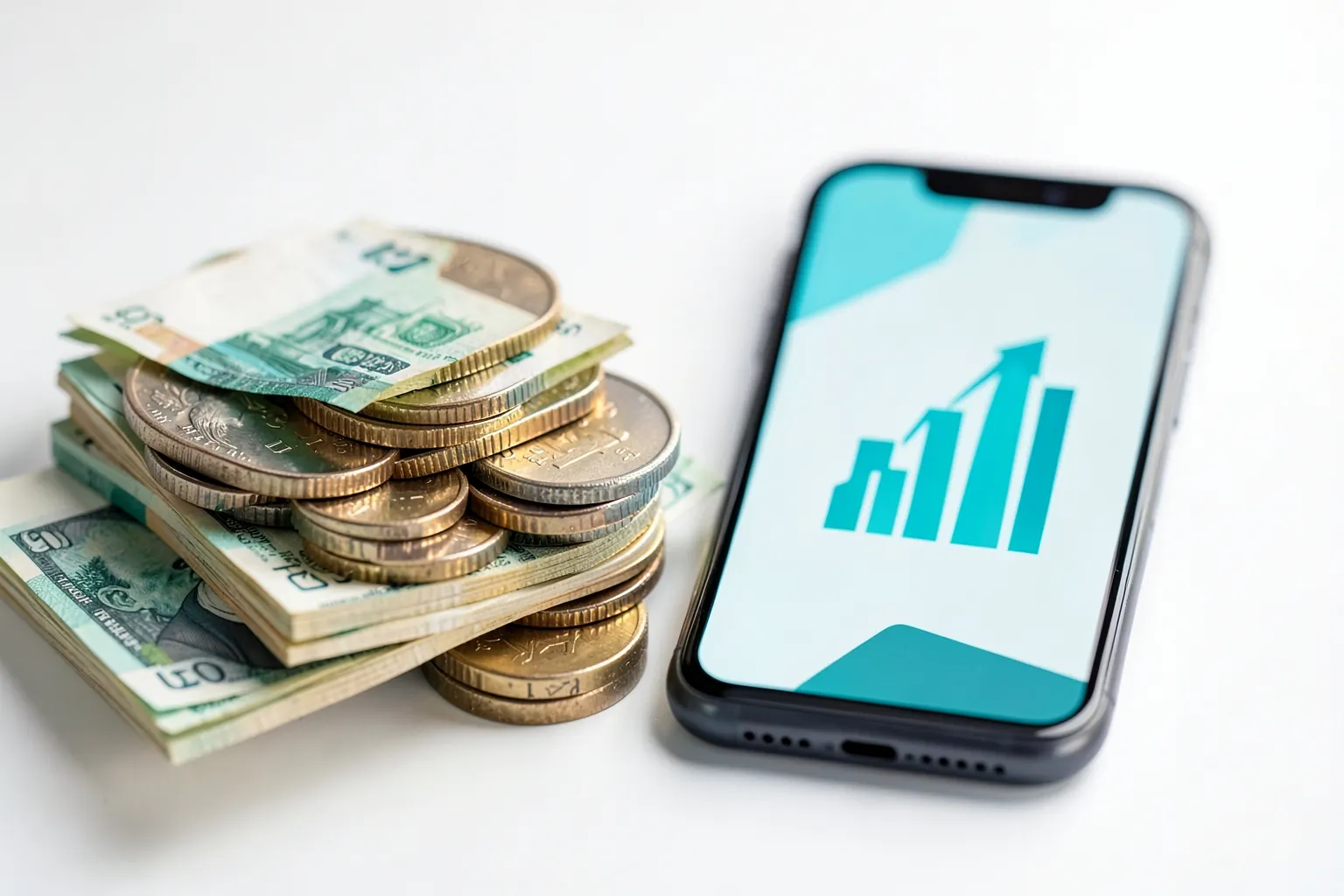 Gráfico de barras ascendente com moedas de dinheiro empilhadas ao lado de um celular exibindo um ícone de gráfico, em fundo azul claro.