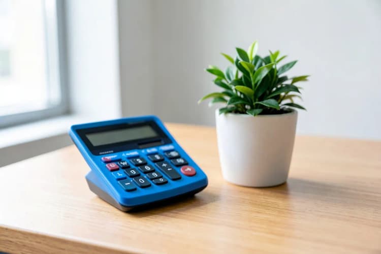 Uma calculadora ao lado de um pequeno vaso de planta verde em uma mesa de madeira.