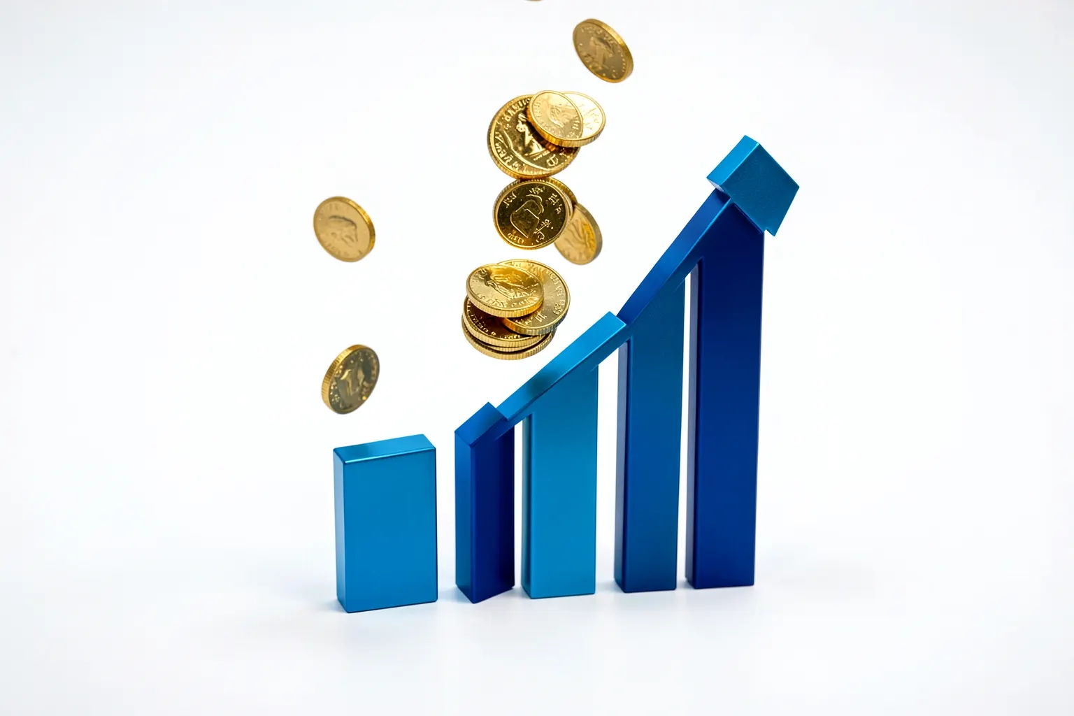 Gráfico de barras ascendente com moedas de ouro caindo ao redor, em fundo azul escuro.
