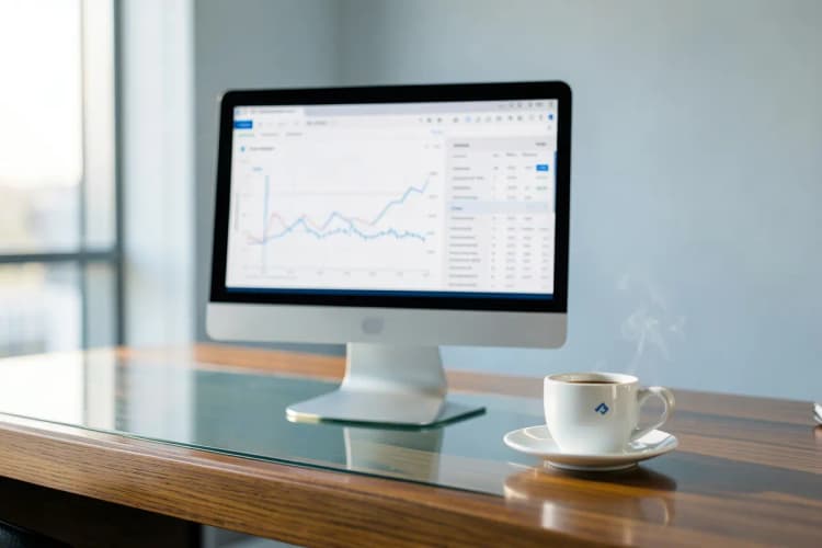 Um computador com gráficos de desempenho e planilhas abertas, em uma mesa de escritório com uma xícara de café.