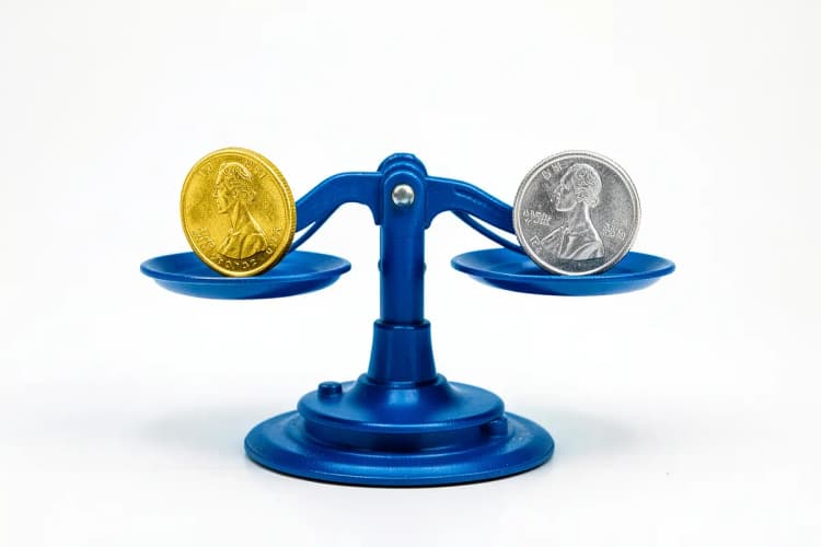 Uma balança com uma moeda de ouro de um lado e uma moeda de prata do outro, simbolizando diferentes custos.