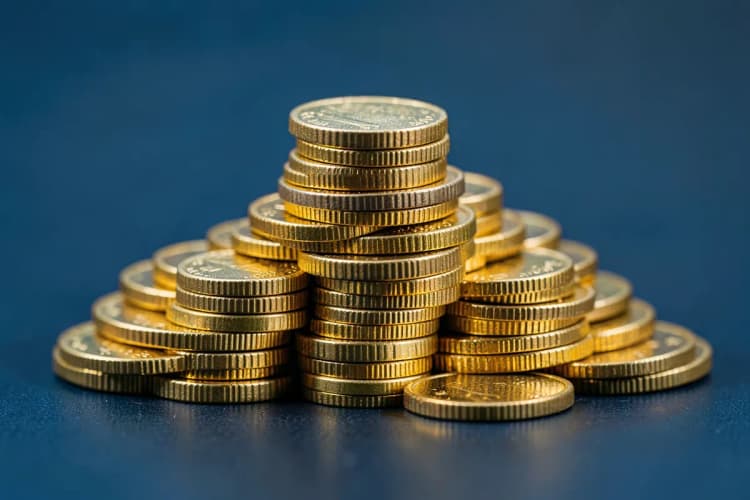 Um conjunto de moedas de ouro empilhadas em diferentes alturas sobre uma superfície escura.