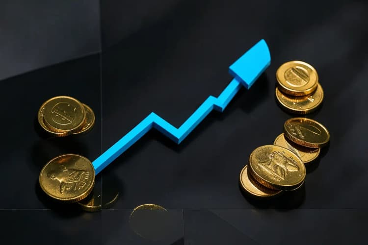 Um gráfico de linha ascendente com moedas de ouro caindo em cascata ao redor.