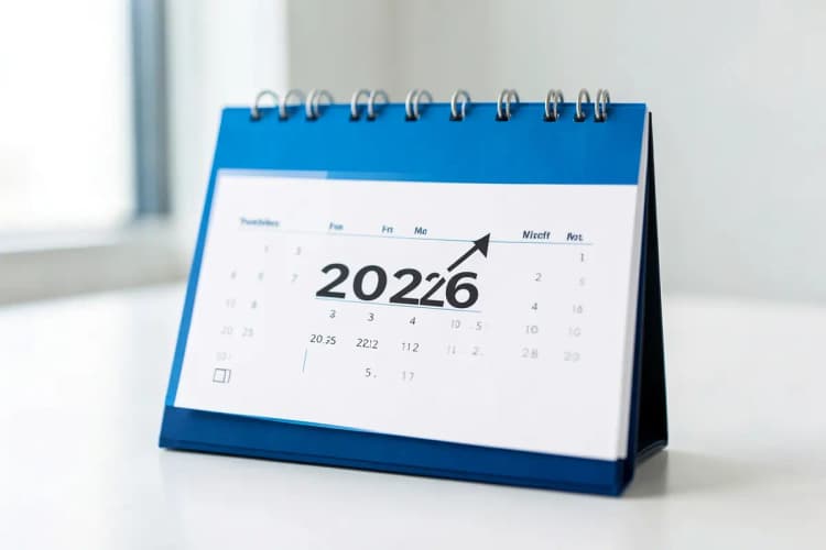 Um calendário aberto com uma seta apontando para o ano de 2026.