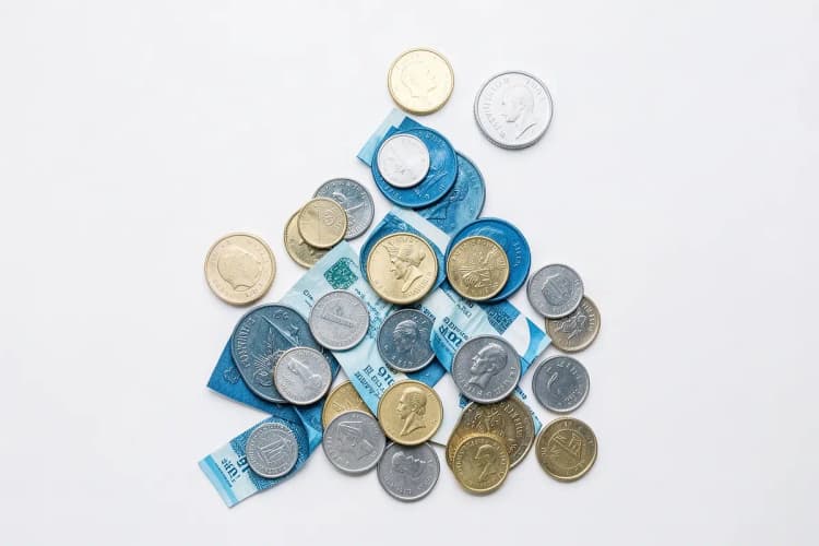 Um conjunto de moedas de ouro e notas de dinheiro dispostas em um padrão de crescimento.