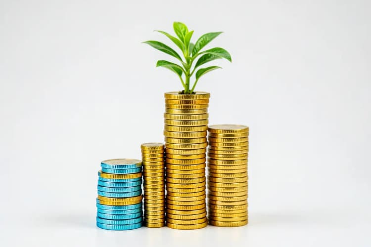 Um gráfico de barras ascendente feito de moedas de ouro empilhadas, com uma planta crescendo no topo, em um fundo branco.