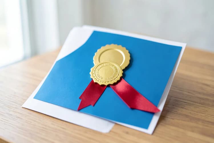 Um diploma de certificado com um selo dourado e uma fita vermelha, sobre uma mesa de madeira.