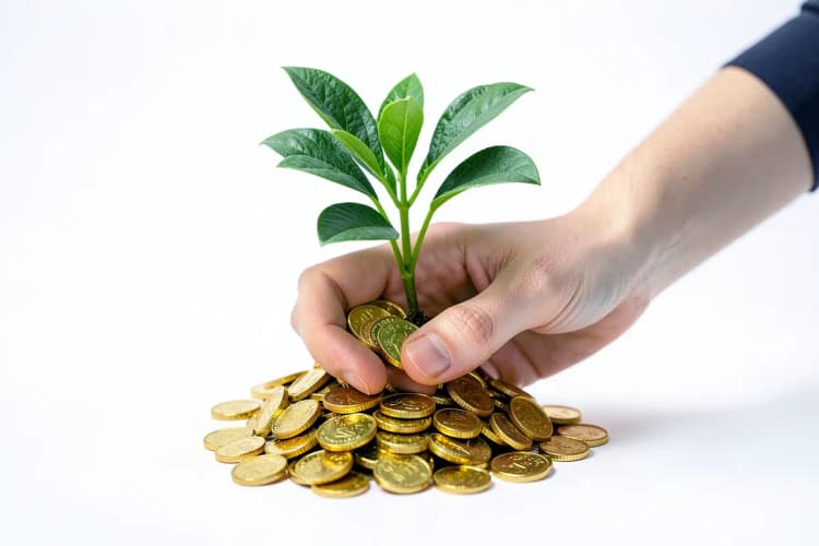 Uma mão segurando uma planta jovem que está crescendo de um monte de moedas, em um fundo branco.