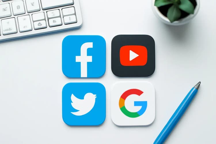 Uma representação visual de diferentes canais de tráfego, como ícones de redes sociais e motores de busca.
