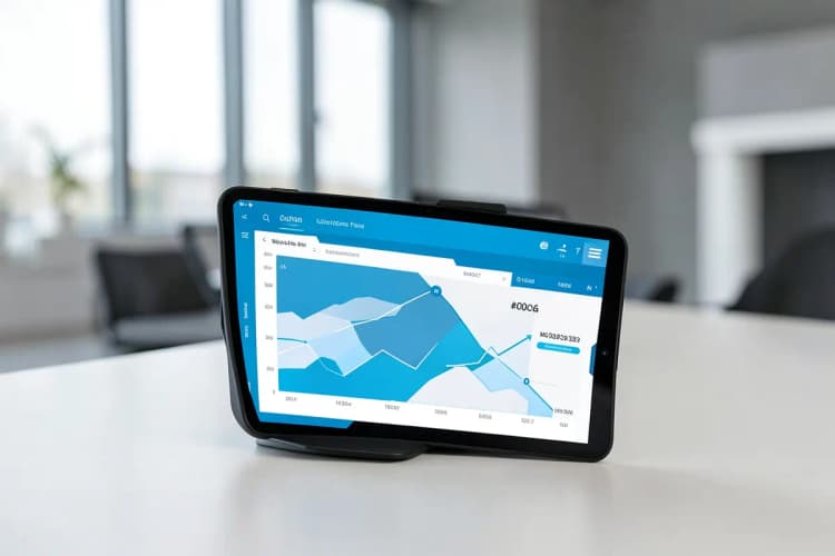 Uma pessoa analisando dados em um tablet com gráficos, em um ambiente de escritório moderno.
